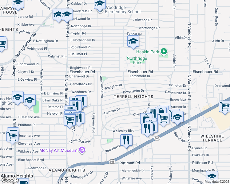 map of restaurants, bars, coffee shops, grocery stores, and more near 131 Devonshire Dr in San Antonio