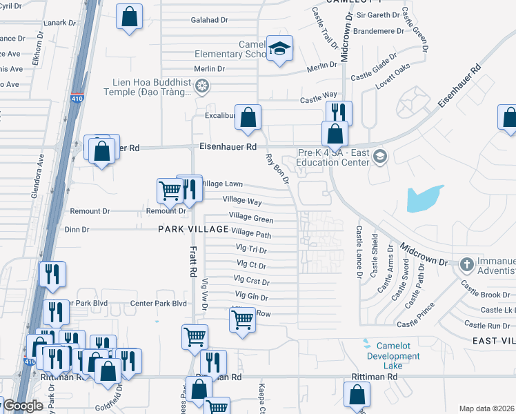 map of restaurants, bars, coffee shops, grocery stores, and more near 5146 Village Way in San Antonio
