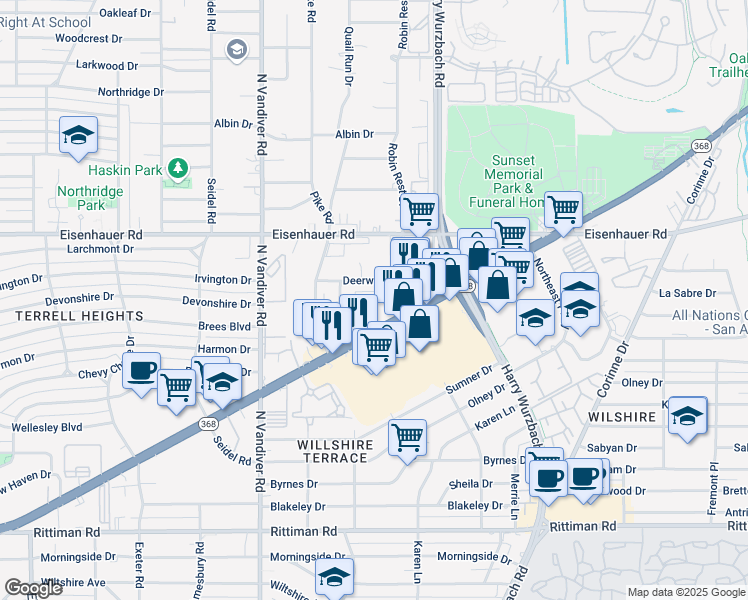 map of restaurants, bars, coffee shops, grocery stores, and more near 236 Deerwood Drive in San Antonio