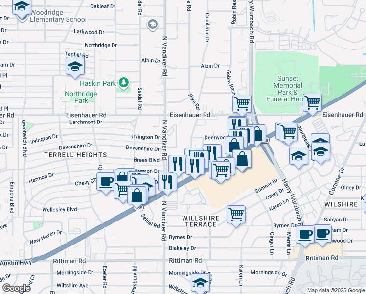 map of restaurants, bars, coffee shops, grocery stores, and more near 223 Rainbow Drive in San Antonio