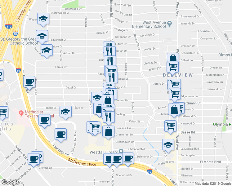 map of restaurants, bars, coffee shops, grocery stores, and more near 2237 Vance Jackson Road in San Antonio