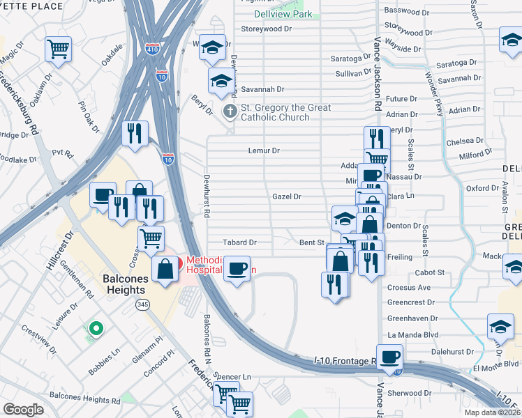map of restaurants, bars, coffee shops, grocery stores, and more near 314 Eland Drive in San Antonio
