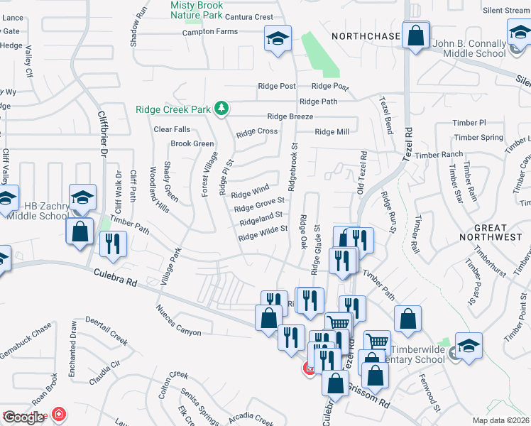 map of restaurants, bars, coffee shops, grocery stores, and more near 9235 Ridgeland Street in San Antonio