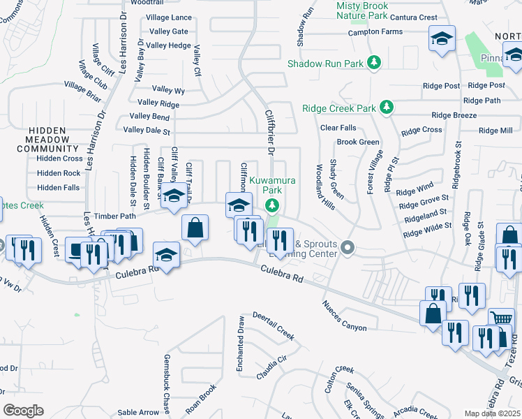 map of restaurants, bars, coffee shops, grocery stores, and more near 9410 Timber Path in San Antonio