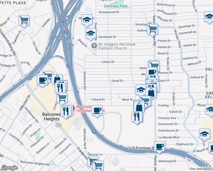map of restaurants, bars, coffee shops, grocery stores, and more near 314 Eland Drive in San Antonio