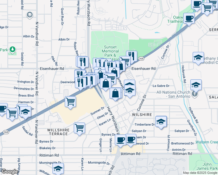 map of restaurants, bars, coffee shops, grocery stores, and more near 1520 Austin Highway in San Antonio