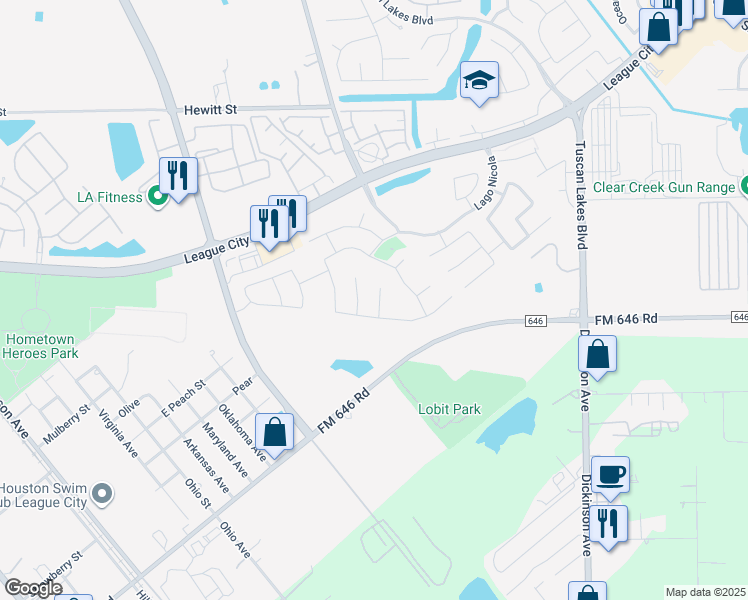map of restaurants, bars, coffee shops, grocery stores, and more near 1632 Analy Court in League City