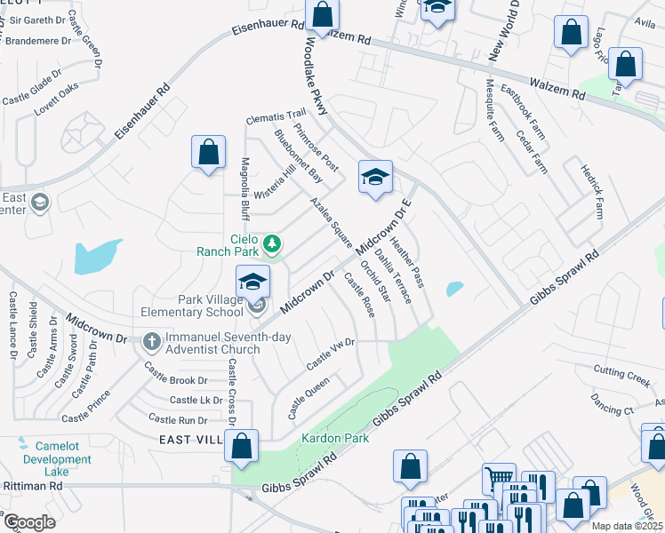 map of restaurants, bars, coffee shops, grocery stores, and more near 6013 Midcrown Drive in San Antonio