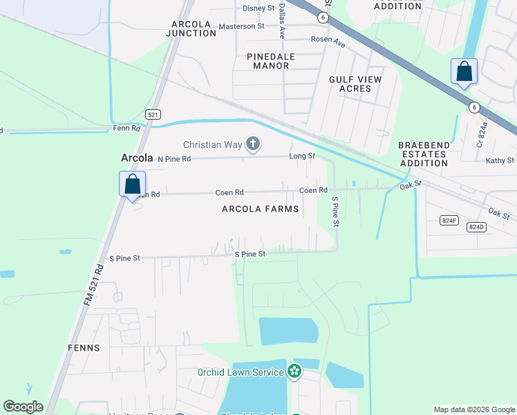 map of restaurants, bars, coffee shops, grocery stores, and more near 614 Coen Road in Rosharon