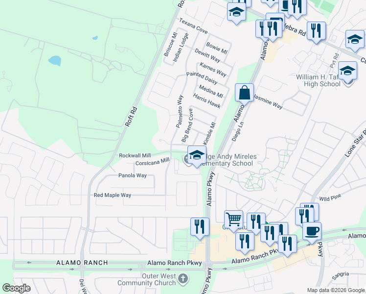 map of restaurants, bars, coffee shops, grocery stores, and more near 12222 Redbud Leaf in San Antonio