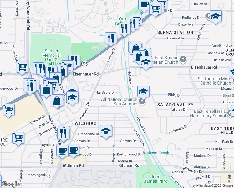 map of restaurants, bars, coffee shops, grocery stores, and more near 3723 Invicta Drive in San Antonio