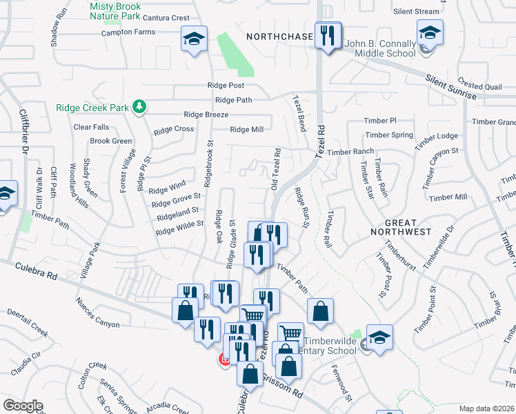 map of restaurants, bars, coffee shops, grocery stores, and more near 5602 Rose Dawn in San Antonio