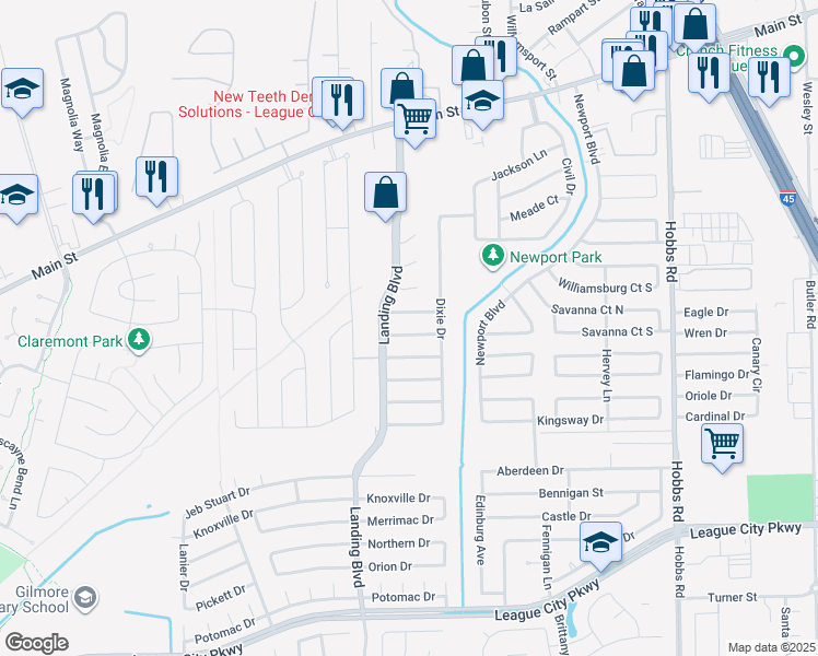 map of restaurants, bars, coffee shops, grocery stores, and more near 2507 Ewell Drive in League City