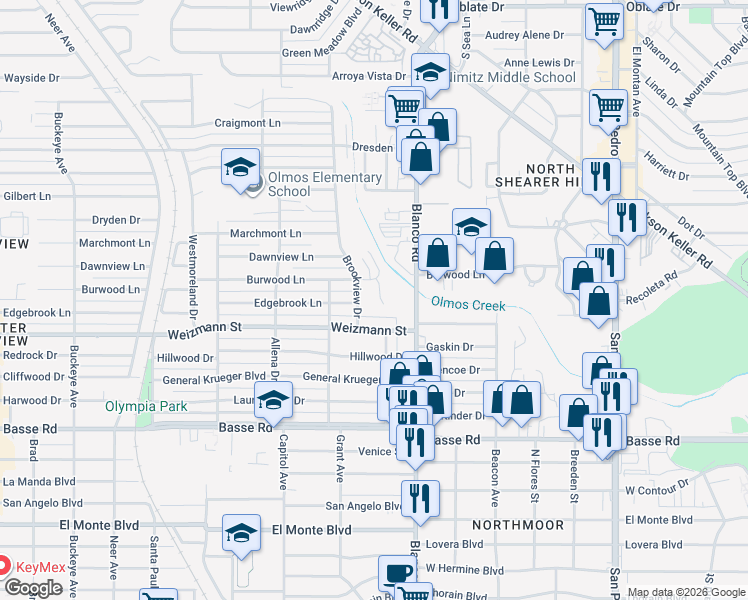 map of restaurants, bars, coffee shops, grocery stores, and more near 6805 Basilwood Drive in San Antonio
