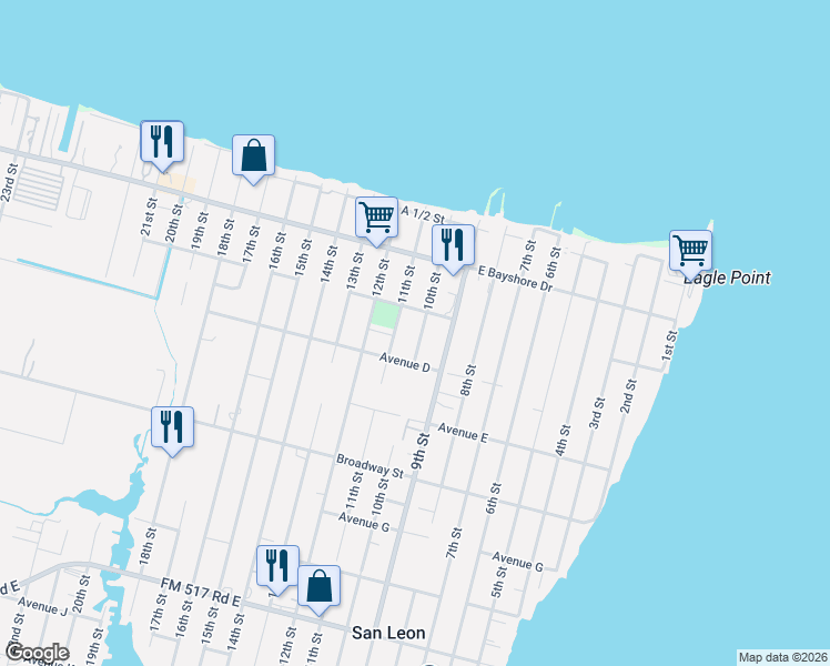 map of restaurants, bars, coffee shops, grocery stores, and more near 320 10th Street in San Leon