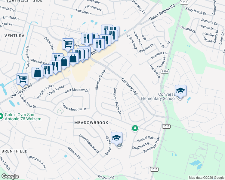 map of restaurants, bars, coffee shops, grocery stores, and more near 8322 Longhorn Ridge Drive in Converse