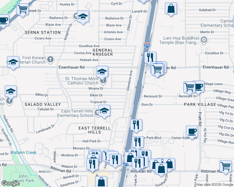 map of restaurants, bars, coffee shops, grocery stores, and more near 4506 Bikini Drive in San Antonio
