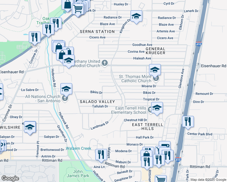 map of restaurants, bars, coffee shops, grocery stores, and more near 4130 Bikini Drive in San Antonio