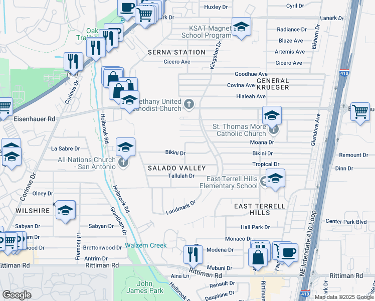 map of restaurants, bars, coffee shops, grocery stores, and more near 4102 Bikini Drive in San Antonio