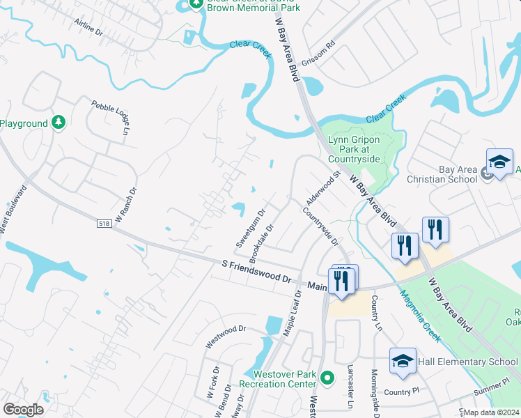 map of restaurants, bars, coffee shops, grocery stores, and more near 219 Sweetgum Drive in League City