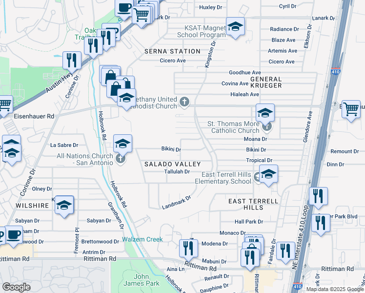 map of restaurants, bars, coffee shops, grocery stores, and more near 4102 Bikini Drive in San Antonio