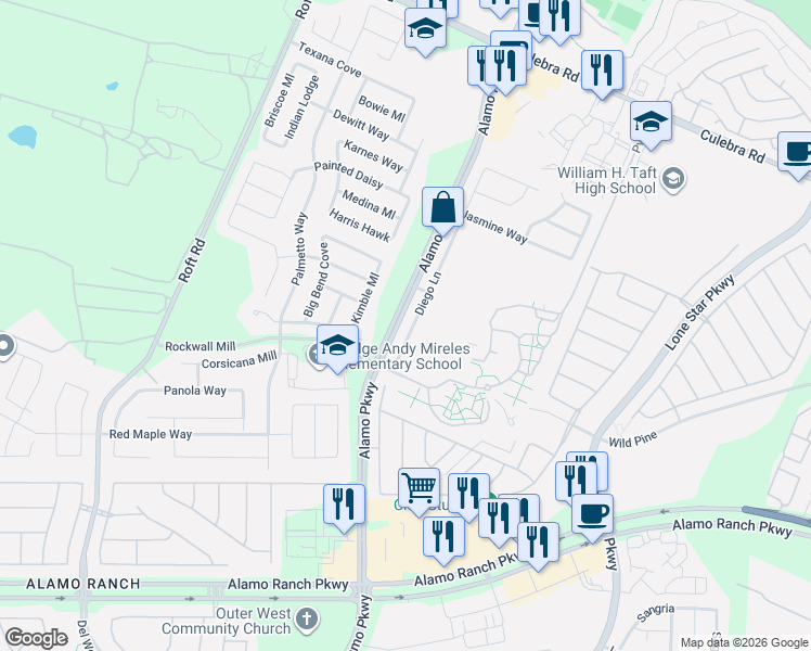 map of restaurants, bars, coffee shops, grocery stores, and more near 6102 Diego Lane in San Antonio
