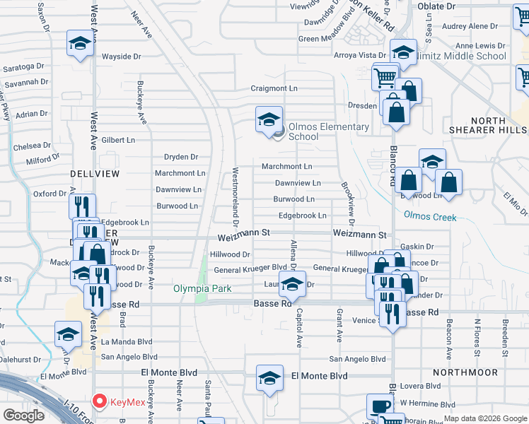 map of restaurants, bars, coffee shops, grocery stores, and more near 334 Edgebrook Lane in San Antonio