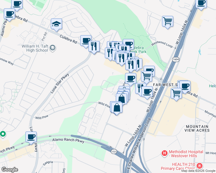 map of restaurants, bars, coffee shops, grocery stores, and more near 11133 Westwood Loop in San Antonio