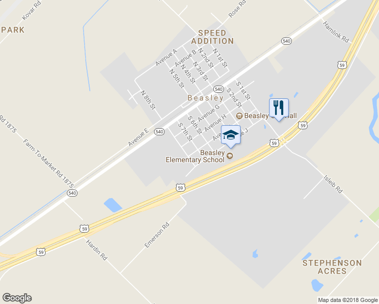map of restaurants, bars, coffee shops, grocery stores, and more near 7718 Avenue I in Beasley