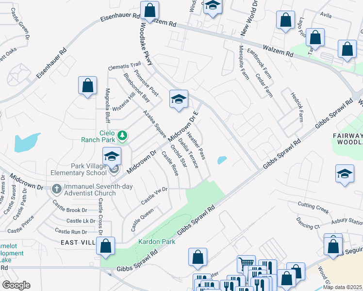map of restaurants, bars, coffee shops, grocery stores, and more near 4915 Dahlia Terrace in San Antonio