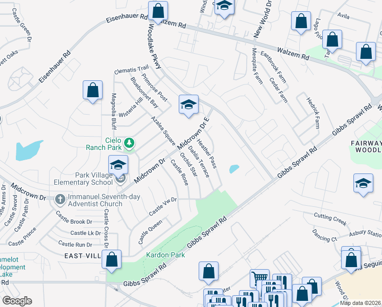 map of restaurants, bars, coffee shops, grocery stores, and more near 4915 Dahlia Terrace in San Antonio