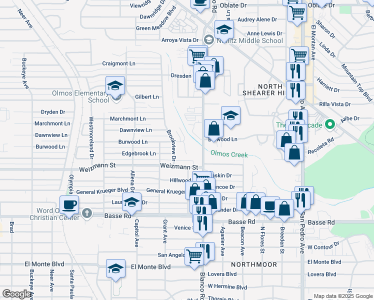 map of restaurants, bars, coffee shops, grocery stores, and more near 6805 Basilwood Drive in San Antonio