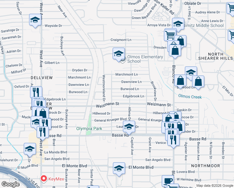 map of restaurants, bars, coffee shops, grocery stores, and more near 334 Edgebrook Lane in San Antonio