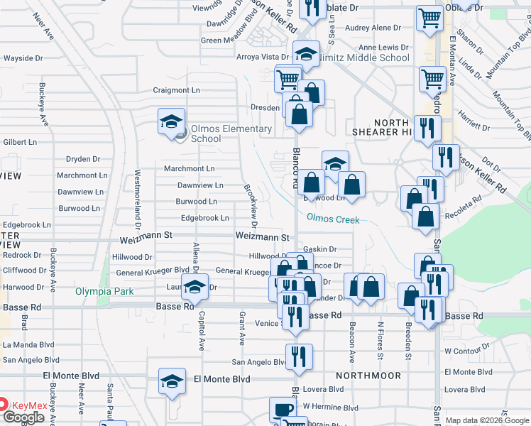 map of restaurants, bars, coffee shops, grocery stores, and more near 6805 Basilwood Drive in San Antonio