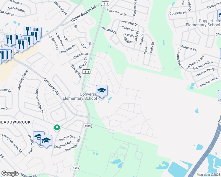 map of restaurants, bars, coffee shops, grocery stores, and more near 6720 Fm 1516 North in Converse