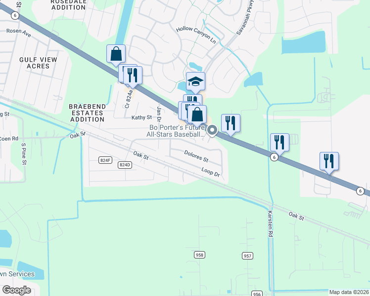 map of restaurants, bars, coffee shops, grocery stores, and more near 1626 Dolores Street in Rosharon