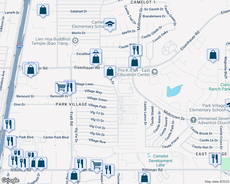 map of restaurants, bars, coffee shops, grocery stores, and more near 5174 Village Way in San Antonio