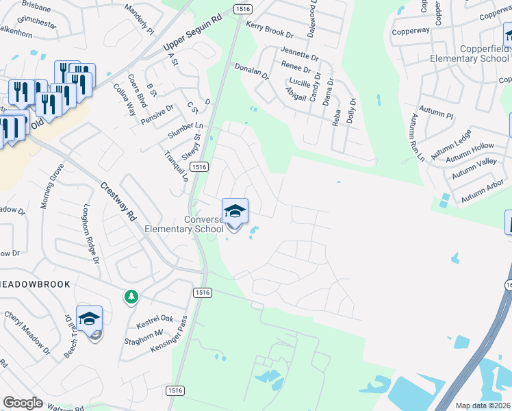 map of restaurants, bars, coffee shops, grocery stores, and more near 6720 Fm 1516 North in Converse