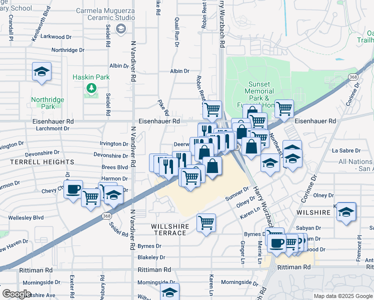 map of restaurants, bars, coffee shops, grocery stores, and more near 1423 Austin Highway in San Antonio