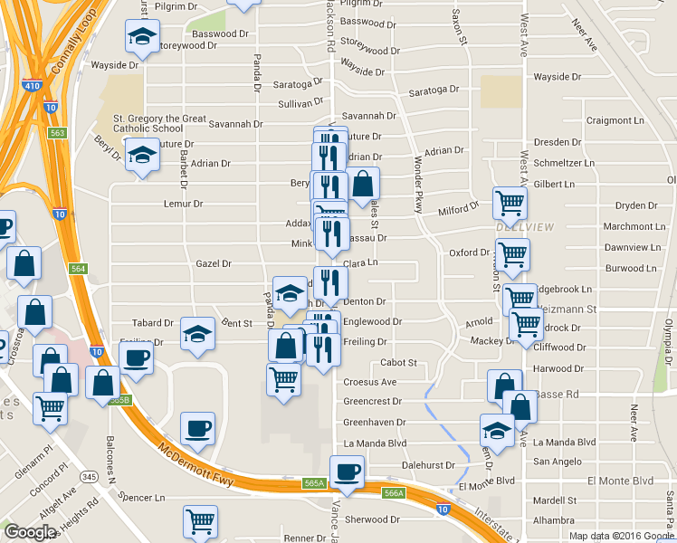 map of restaurants, bars, coffee shops, grocery stores, and more near 2237 Vance Jackson Road in San Antonio