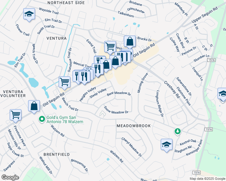 map of restaurants, bars, coffee shops, grocery stores, and more near 8203 Bent Meadow Drive in Converse