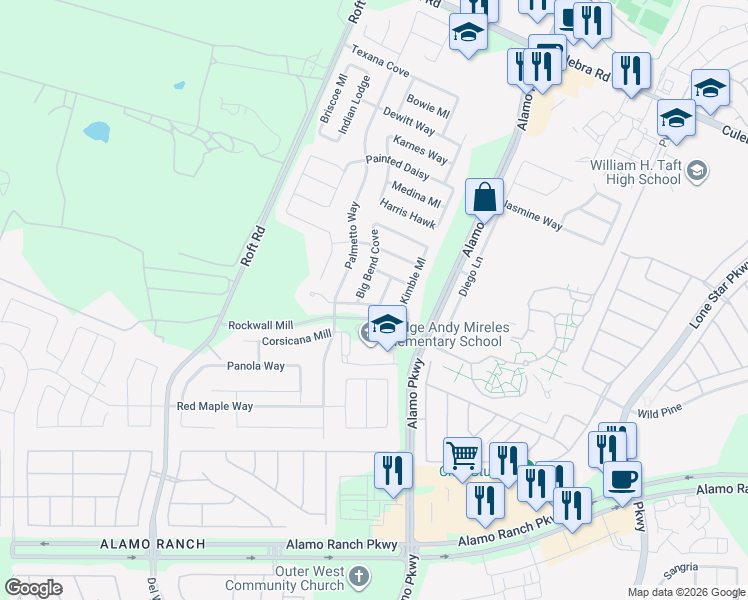 map of restaurants, bars, coffee shops, grocery stores, and more near 12222 Redbud Leaf in San Antonio