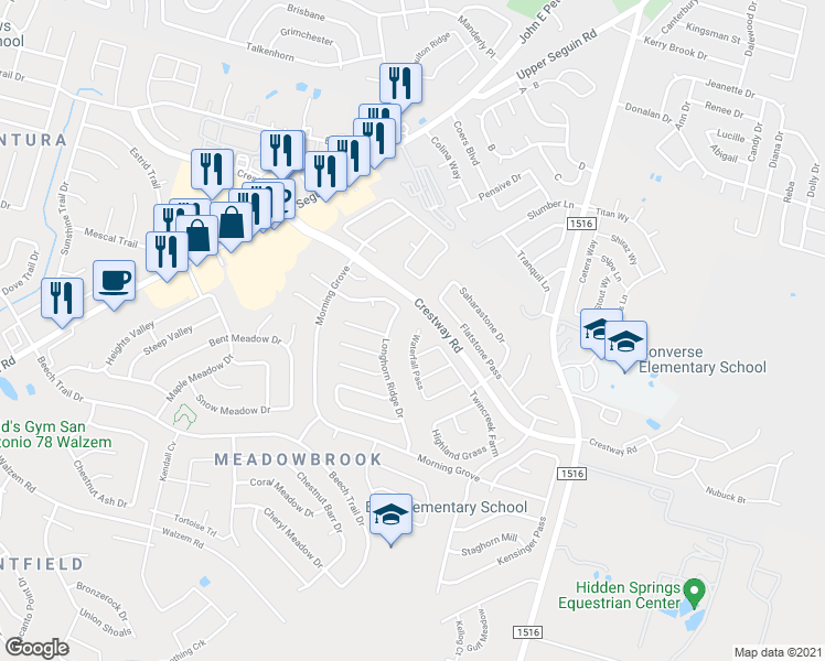 map of restaurants, bars, coffee shops, grocery stores, and more near 6931 Waterfall Pass in Converse