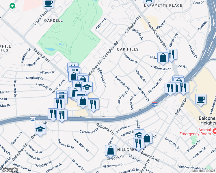 map of restaurants, bars, coffee shops, grocery stores, and more near 4011 Sylvanoaks Drive in San Antonio