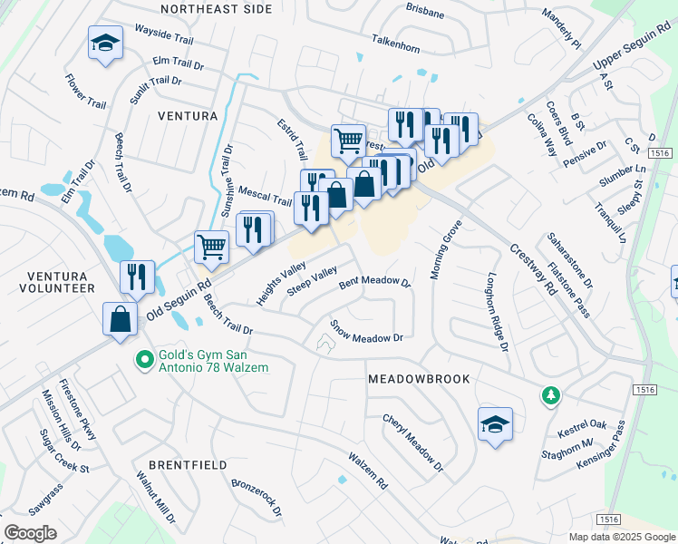 map of restaurants, bars, coffee shops, grocery stores, and more near 8315 Steep Valley in Converse