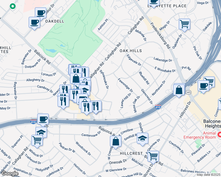 map of restaurants, bars, coffee shops, grocery stores, and more near 4011 Sylvanoaks Drive in San Antonio