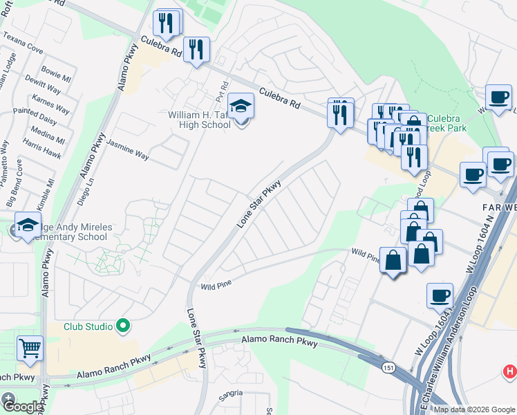 map of restaurants, bars, coffee shops, grocery stores, and more near 5943 Cecilyann in San Antonio