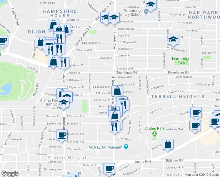 map of restaurants, bars, coffee shops, grocery stores, and more near 274 East Edgewood Place in San Antonio