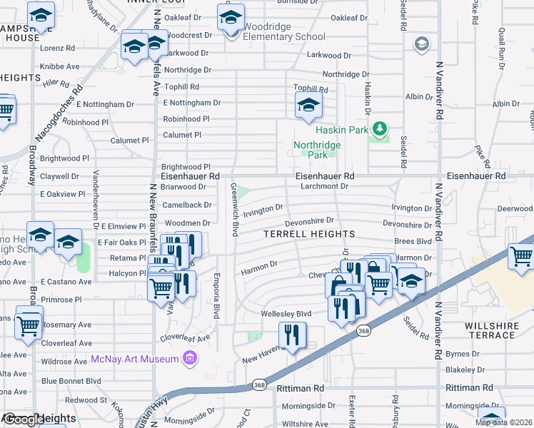 map of restaurants, bars, coffee shops, grocery stores, and more near 131 Devonshire Drive in San Antonio