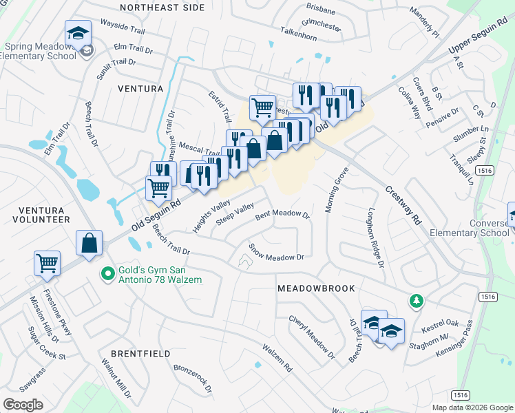 map of restaurants, bars, coffee shops, grocery stores, and more near 8319 Steep Valley in Converse